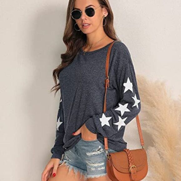 Womens Knit Pullover Sweater Star Print Lightweight Cute Long Sleeves Top - Picture 3 of 6